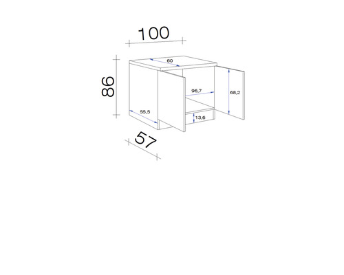Technische tekening van een onderkast met afmetingen.