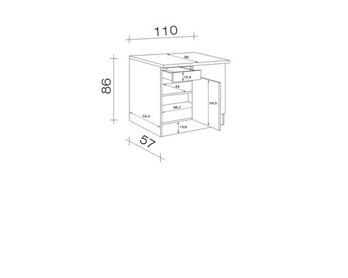 Technische tekening van een onderkast met afmetingen