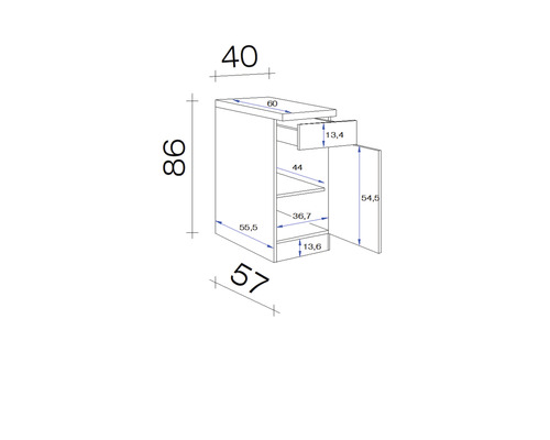 Technische tekening van een onderkast met lade en deur, inclusief maatvoering