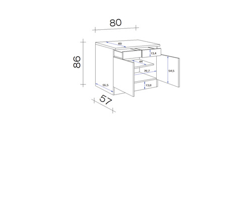 Technische tekening van een onderkast met lades en deuren met maatvoering