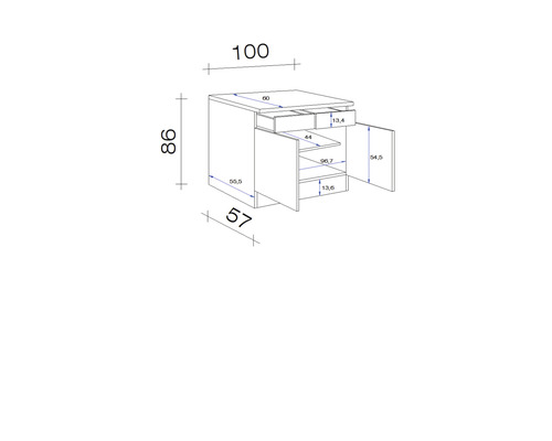 Technische tekening van een onderkast met laden en deur met maatvoering