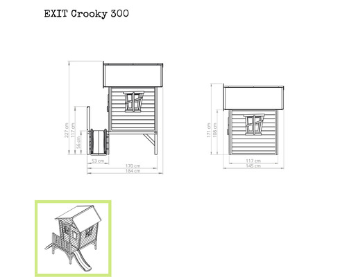 Technische tekening van het EXIT Crooky 300 speelhuis met afmetingen