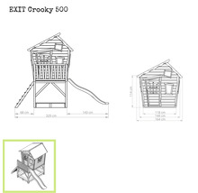 Technische tekening EXIT Crooky 500 speelhuis met glijbaan en ladder met afmetingen