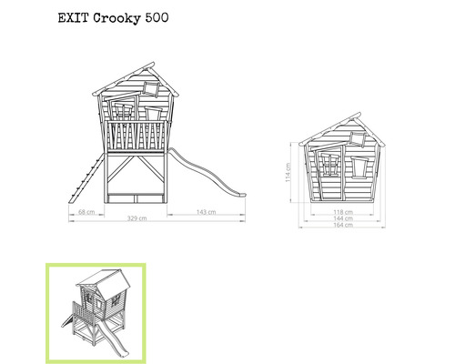 Technische tekening EXIT Crooky 500 speelhuis met glijbaan en ladder met afmetingen