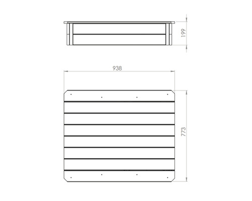Technische tekening van een verhoogde tuinbak met afmetingen