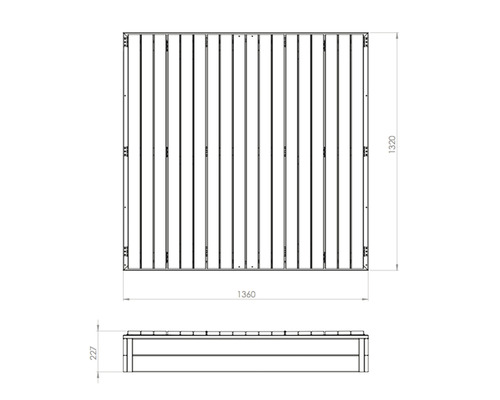 Technische tekening van een houten terras met afmetingen