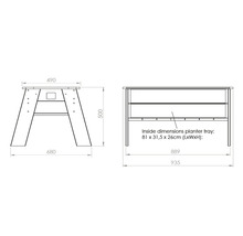 Technische tekening van een plantentafel met afmetingen