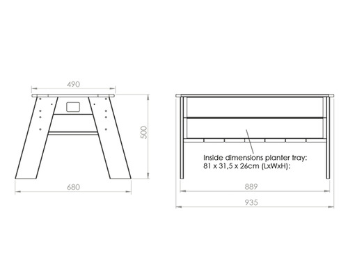 Technische tekening van een plantentafel met afmetingen