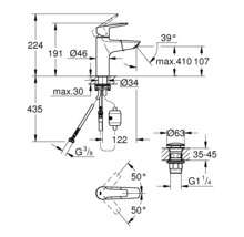 Technische tekening van een kraan met afmetingen