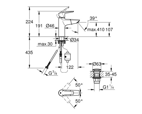 Technische tekening van een kraan met afmetingen