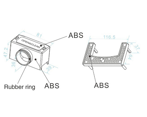 Technische tekening van een kunststof onderdeel met rubberen afdichting en afmetingen