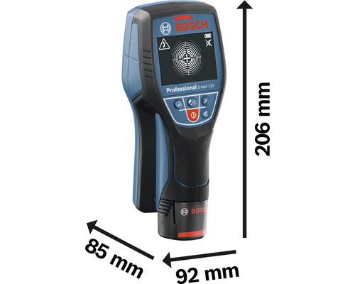 Bosch Professional D-tect 120 detectieapparaat met afmetingen 85 mm x 92 mm x 206 mm