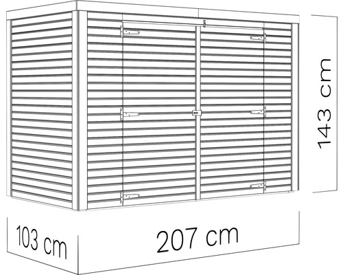 Afbeelding van een tuinkast met afmetingen.
