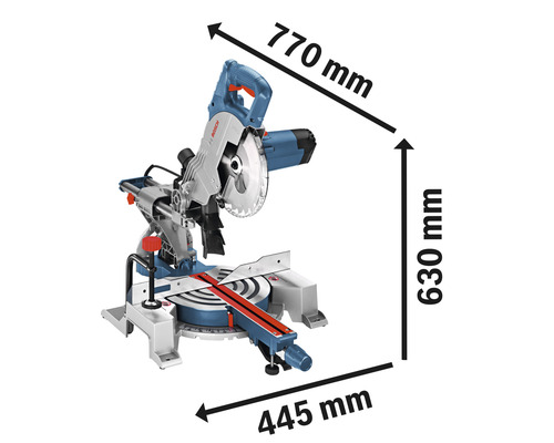 Verstekzaag met de afmetingen 770 mm, 630 mm en 445 mm.