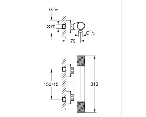 Technische tekening van een thermostaat met afmetingen