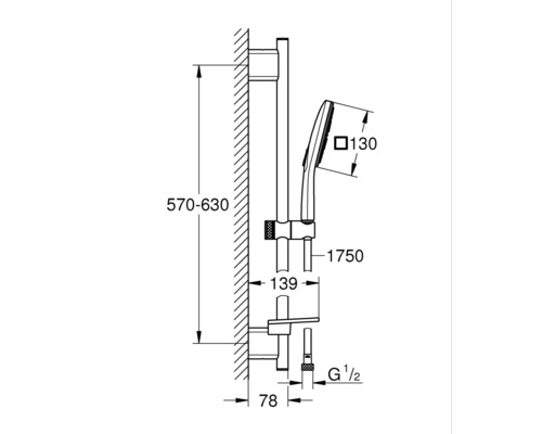 Technische tekening van een douchestang met handdouche en afmetingen