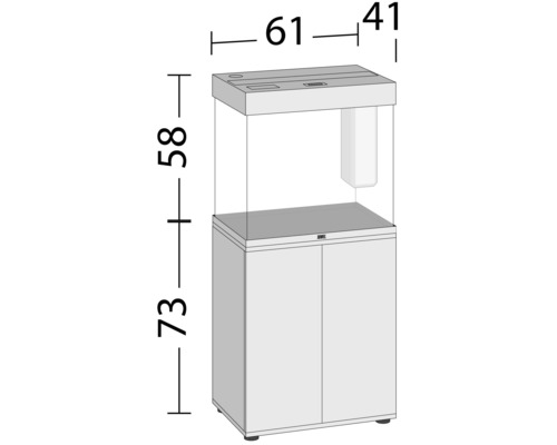 Schets van een aquarium met onderkast en afmetingen