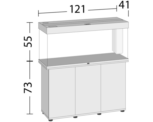 Schets van een aquarium met onderkast en maatvoering