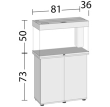 Aquariumcombinatie met afmetingen: hoogte 123 cm, breedte 81 cm, diepte 36 cm