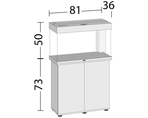 Aquariumcombinatie met afmetingen: hoogte 123 cm, breedte 81 cm, diepte 36 cm