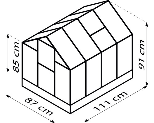 Afbeelding van een kas met afmetingen 85 cm hoog aan de voorkant, 91 cm hoog aan de achterkant, 87 cm breed en 111 cm lang