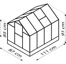 Illustratie van een kas met afmetingen 85 cm hoog vooraan, 91 cm hoog achteraan, 87 cm breed en 111 cm lang