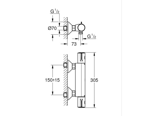 Technische tekening van een radiatoraansluiting met afmetingen.