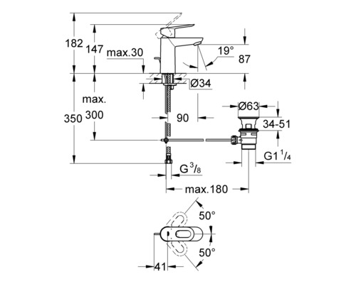 Technische tekening van een kraan met afmetingen