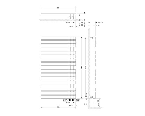 Technische tekening van een radiator met afmetingen