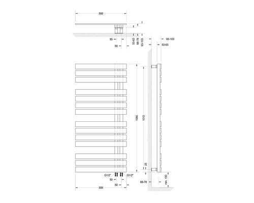 Technische tekening van een radiator met maataanduidingen