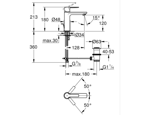 Technische tekening van een kraan met afmetingen