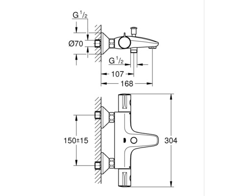 Technische tekening van een opbouw badkraan met afmetingen