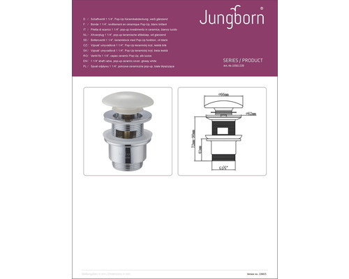 Jungborn schachtventiel met pop-up keramische afdekking, technische tekening