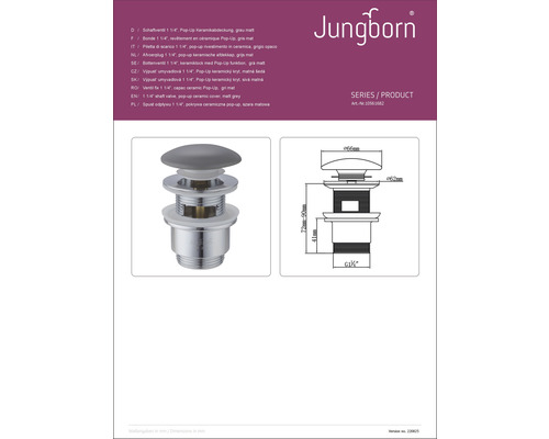 Jungborn schachtventiel 1 1/4 inch met pop-up keramische afdekking, productaanzicht