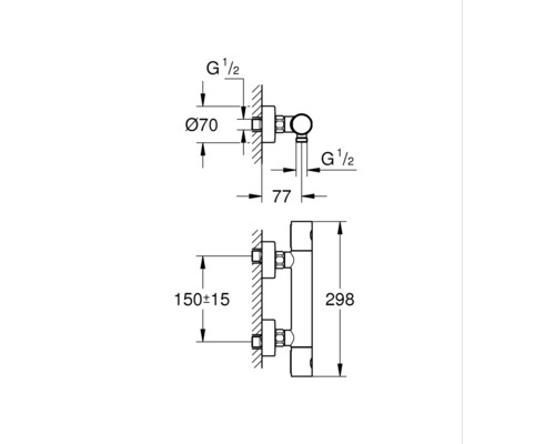 Technische tekening van een sanitair product met maataanduidingen