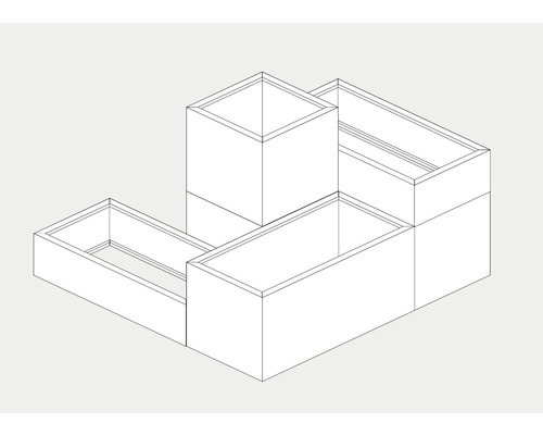 Illustratie van een beplantingssysteem met meerdere rechthoekige en één vierkante plantenbak