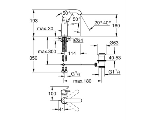 Technische tekening van een kraan met afmetingen