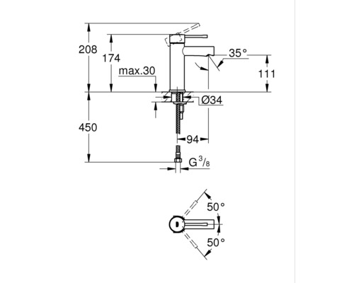 Technische tekening van een kraan met afmetingen