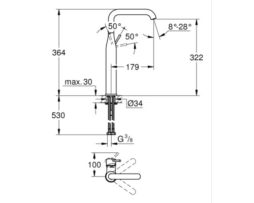 Maatschets van een kraan met hoogte-aanduidingen