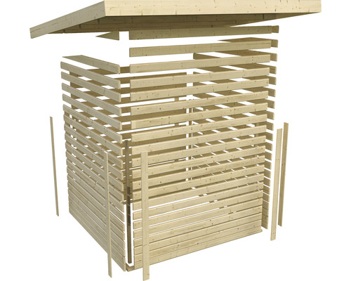 Afbeelding van een houten schuur in ruwbouw met houten balken