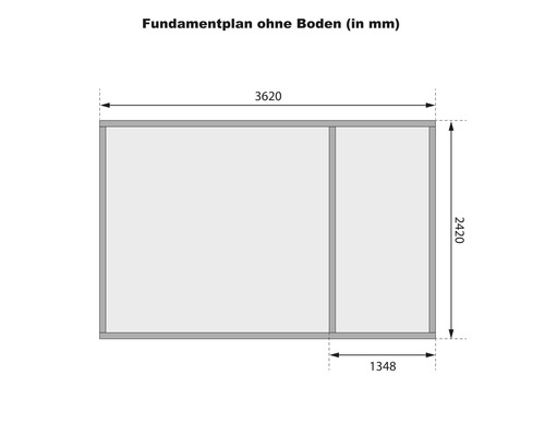 Fundamentplan zonder vloer met afmetingen in millimeters