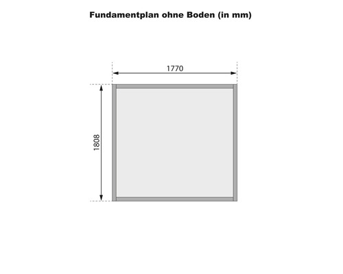 Fundamentplan met maatvoering lengte 1770 millimeter, breedte 1808 millimeter