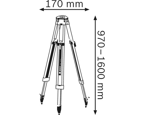 Afbeelding van een statief met de afmetingen 170 mm breed en 970 tot 1600 mm hoog