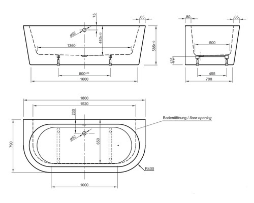 Technische tekening van een badkuip met maatvoering