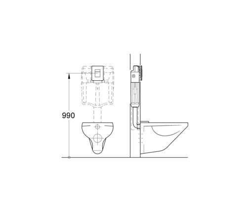 Technische tekening van een wandcloset met spoelbak en maatvoering 990 millimeter.