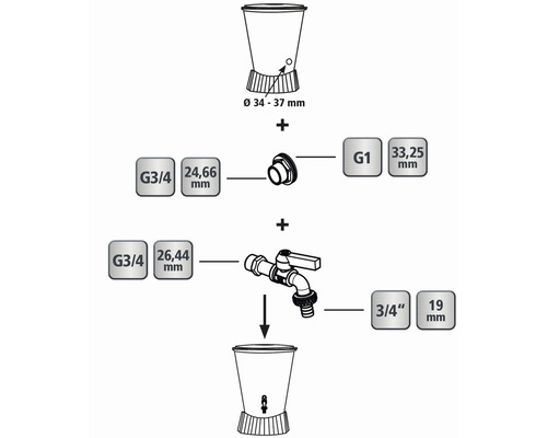 Installatie-instructies voor een waterreservoir met kraan en bijbehorende afmetingen