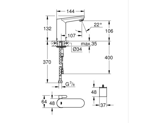 Maatschets van een kraan met bijbehorende afmetingen