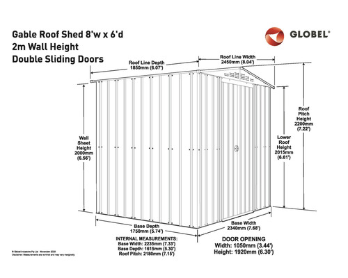 Technische tekening van een tuinhuis met zadeldak, afmetingen 8 voet breed en 6 voet diep, 2 meter wandhoogte en dubbele schuifdeuren