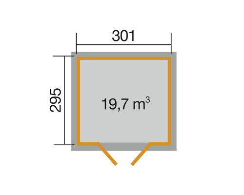 Plattegrond met afmetingen: 295 bij 301 centimeter en 19,7 kubieke meter inhoud