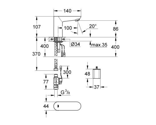 Technische tekening van een kraan met afmetingen